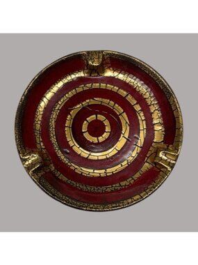 MCM Bitossi Ashtray Italian Crackle Glazed Ceramic Red Gold Bullseye Signed